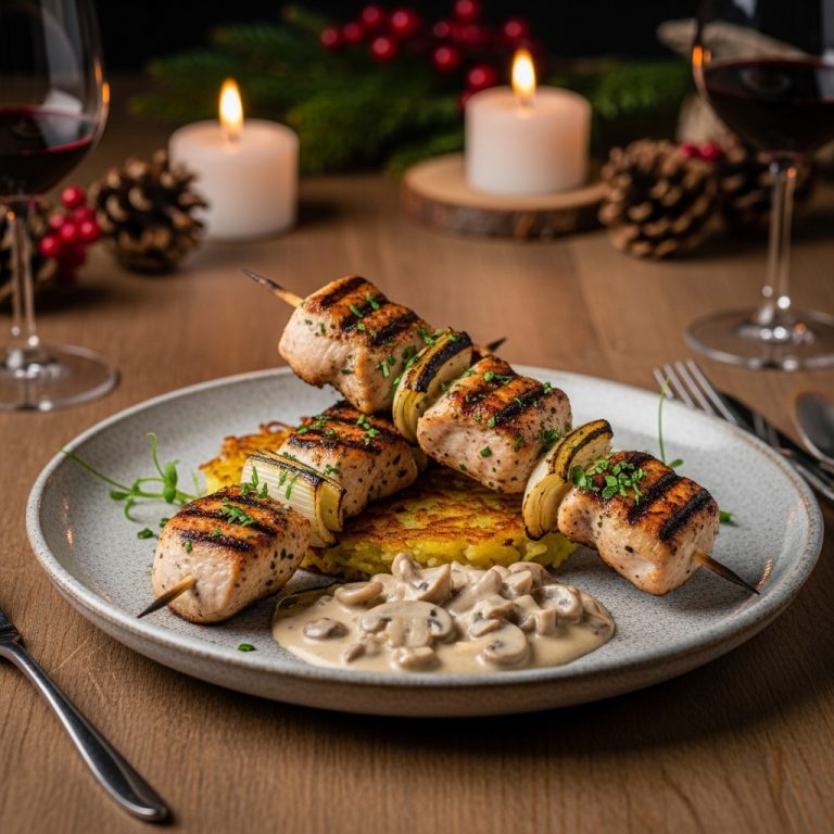 “Gourmet Gluten-Free German Lunch: Grilled Herb Chicken Skewers with Potato Rösti & Creamy Mushroom Sauce”